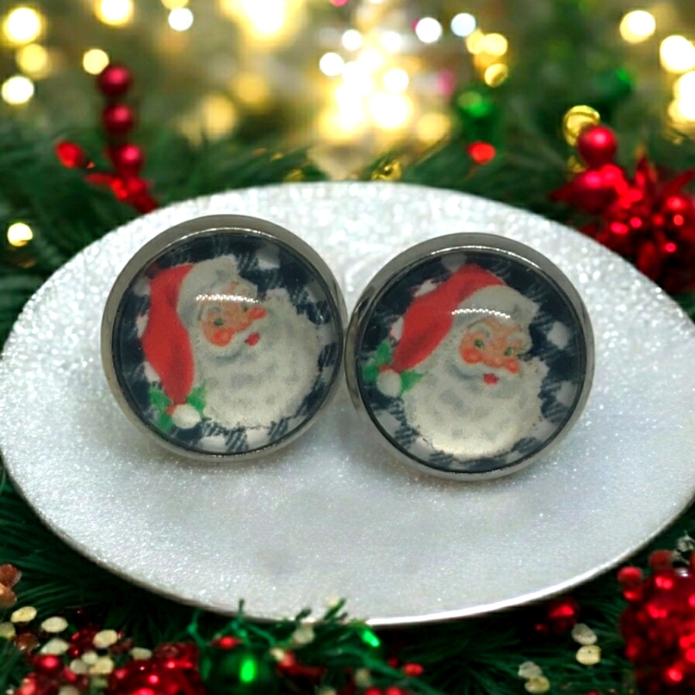 Vintage Christmas Santa cabochon 12mm stud earrings 3/$15